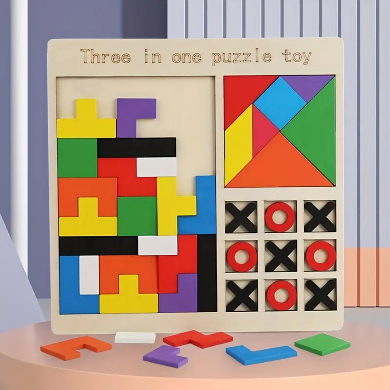 Kiddyraft Wooden 3-in-1 Learning & Educational Magnetic Tangram, Tetris& Rainbow Bridge Pattern Blocks Puzzle Sorter Toy - Image 4