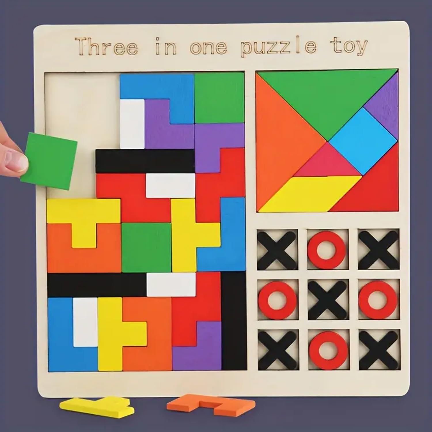 Kiddyraft Wooden 3-in-1 Learning & Educational Magnetic Tangram, Tetris& Rainbow Bridge Pattern Blocks Puzzle Sorter Toy - Image 2