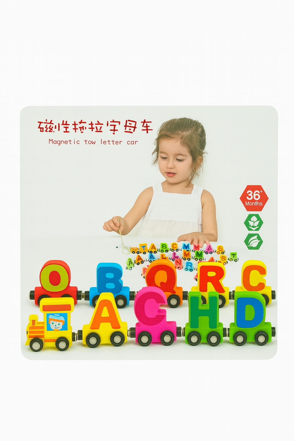 Kiddyraft Wooden Magnetic Tow Letter Car & Magnetic Drag Letter Cart